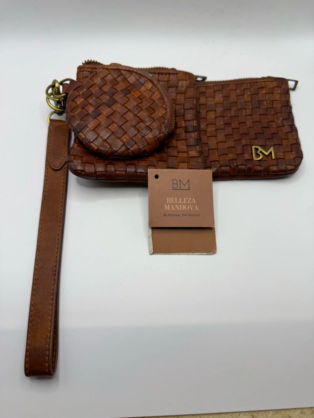 Belleza Mandoza Brown Woven Leather Wristlet with Coin Pouch NWT